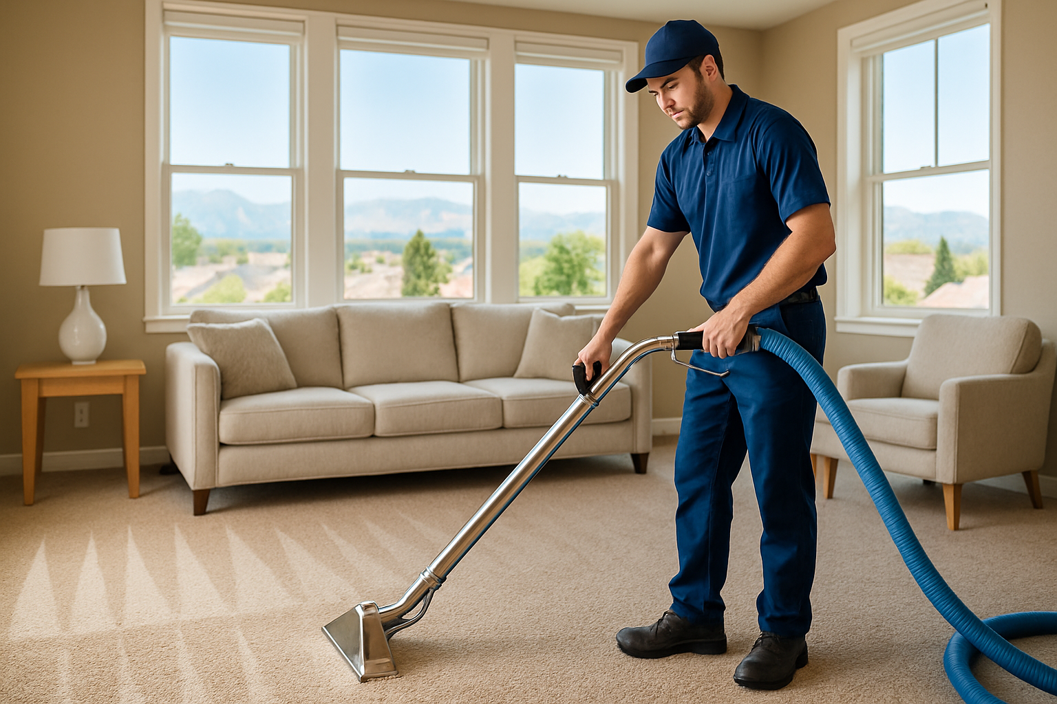 7Twenty Carpet Cleaning technician steam cleaning a living room carpet