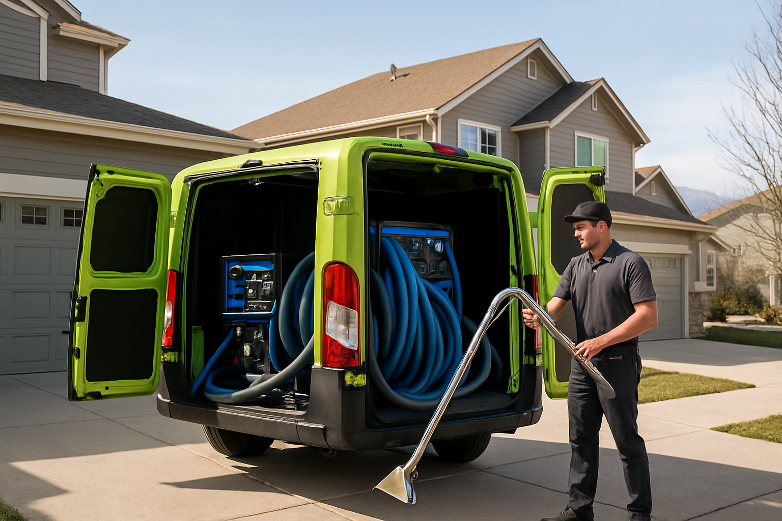 7Twenty Carpet Cleaning green work van with a technician unloading equipment in a Denver driveway