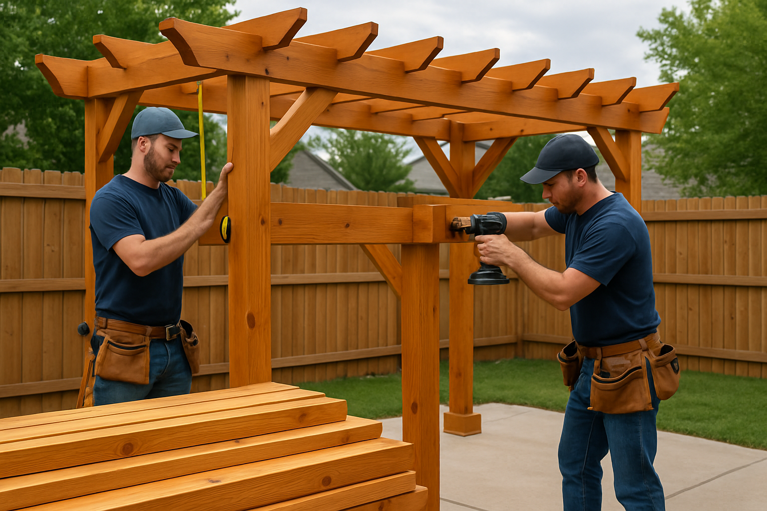 BFAM Handyman craftsman building a wood pergola in a Denver backyard