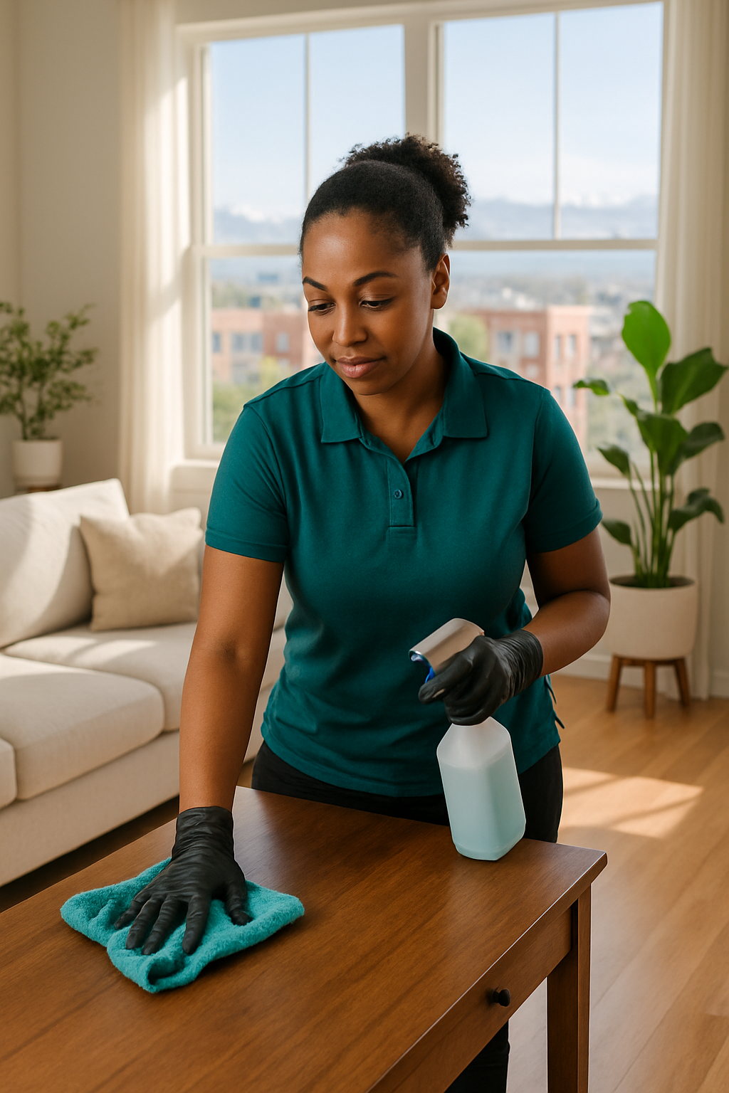 Big Solution Llc cleaner tidying a bright Denver living room