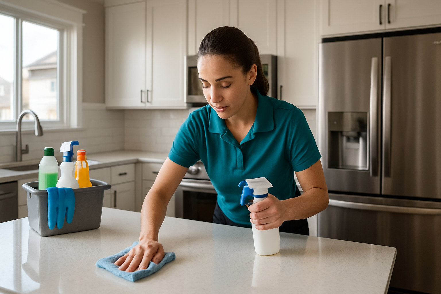Big Solution Llc cleaner wiping a kitchen counter in a Denver home
