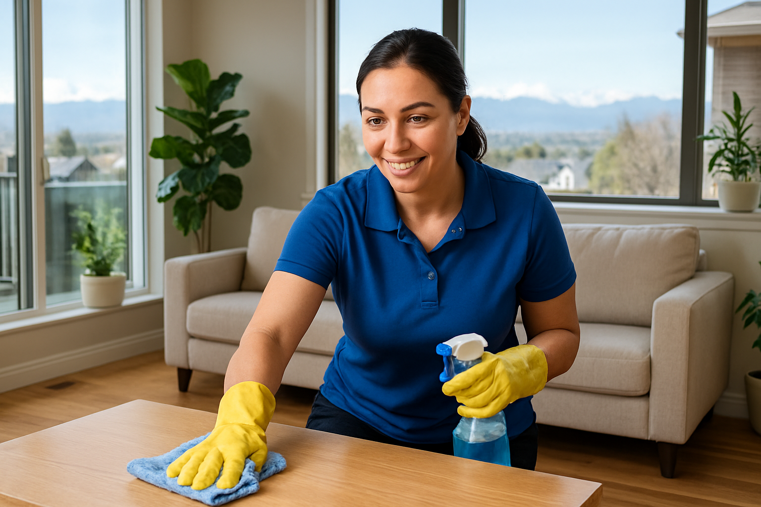 Blue Star Cleaning Services professional cleaner tidying a bright Denver living room