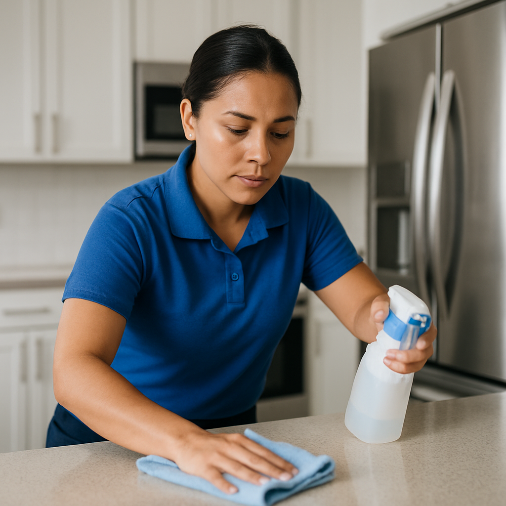 Blue Star Cleaning team member cleaning a kitchen counter in a Denver home