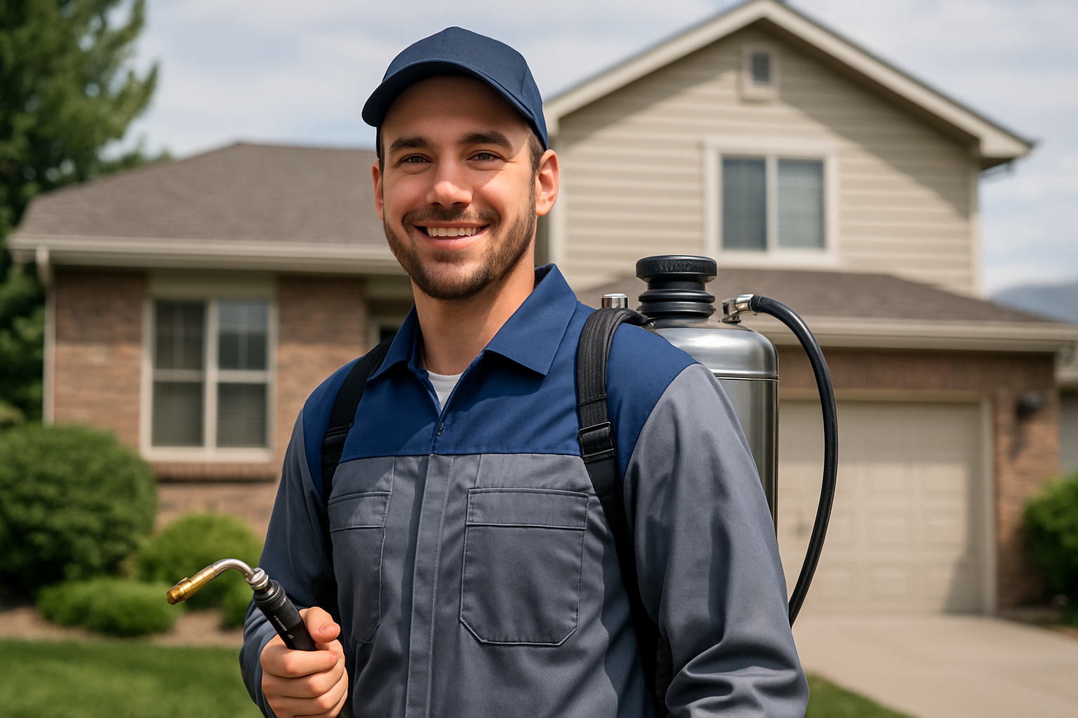 Central States pest control technician with sprayer outside an Aurora, Colorado home