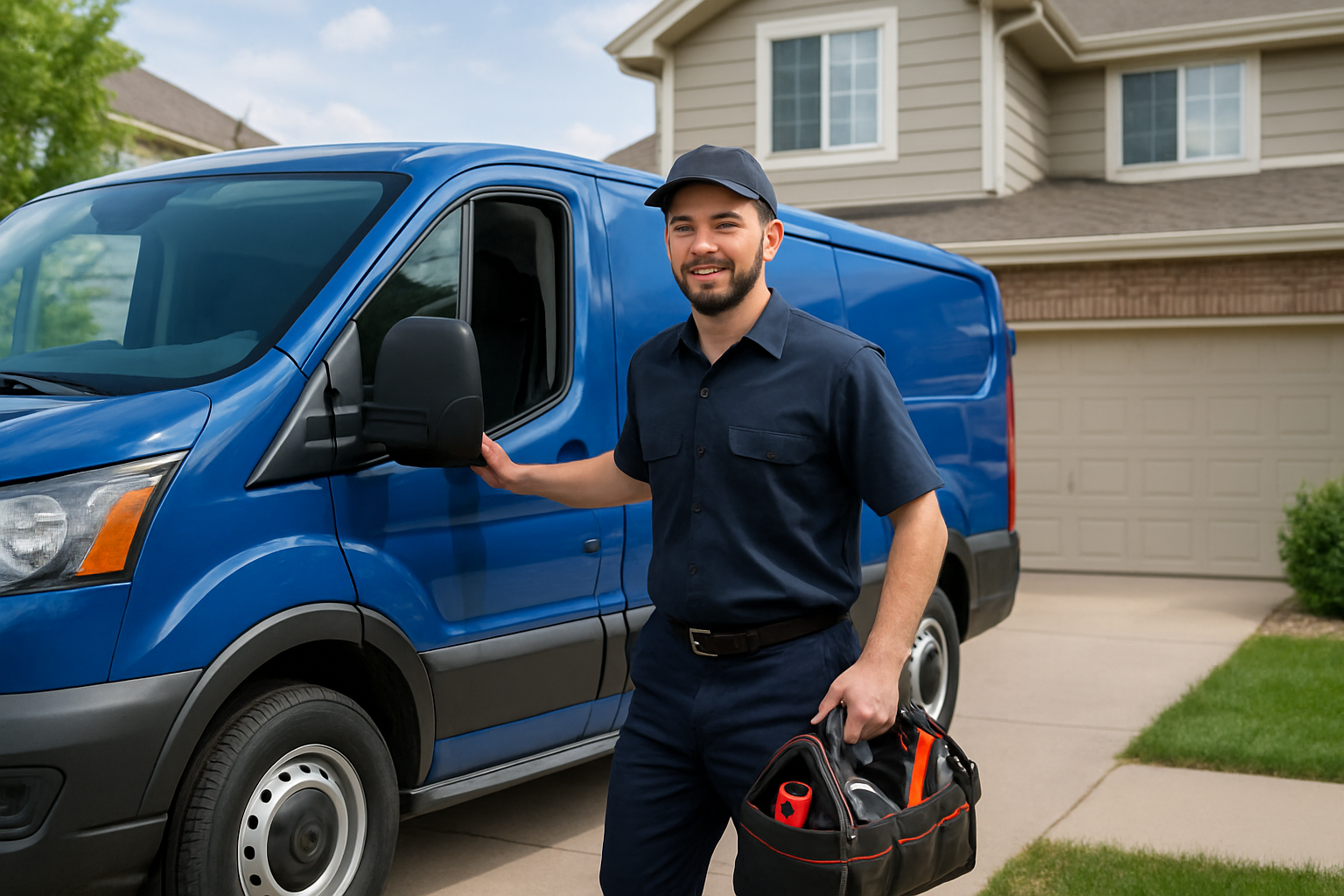 Denver Plumbing Services technician arriving at a home in a branded blue work van