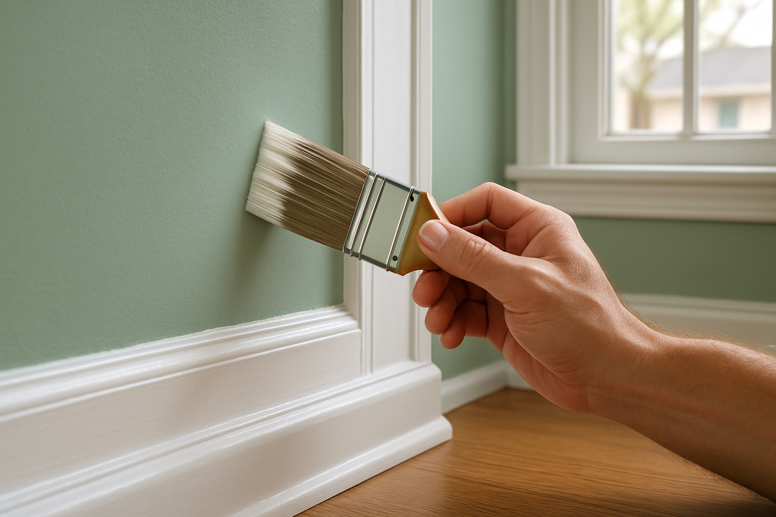 Econo Clean of Colorado crew member cutting in crisp trim with a brush in a freshly painted Aurora living room