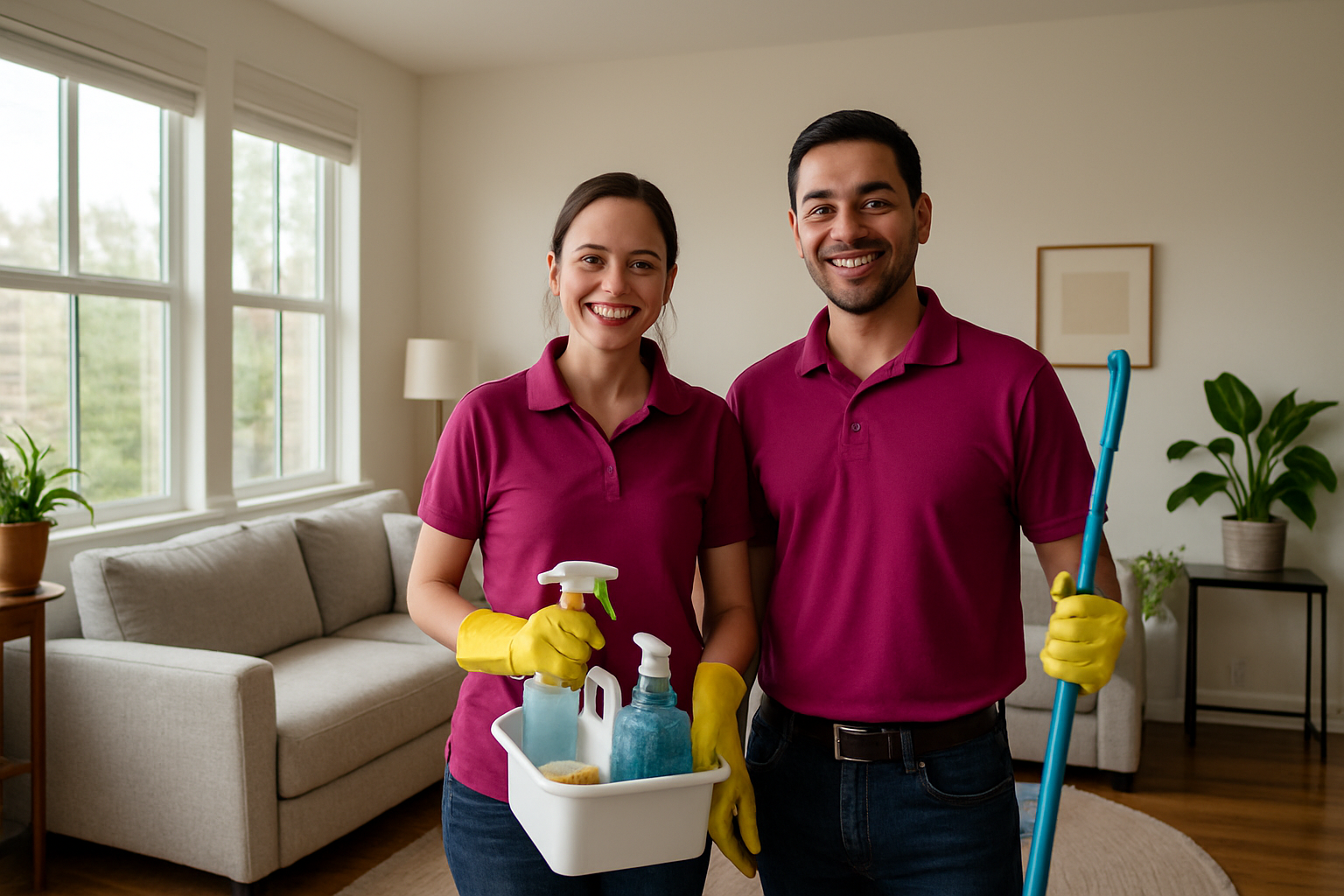 Empower House Cleaning team finishing a bright Denver living room