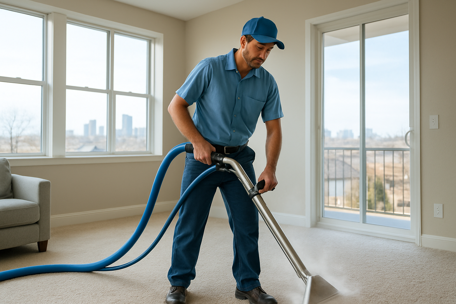 Ever Steam Carpet Cleaning technician steam cleaning a living room carpet in Denver