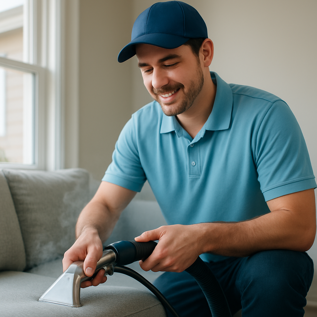 Ever Steam technician cleaning upholstery in a bright Denver living room