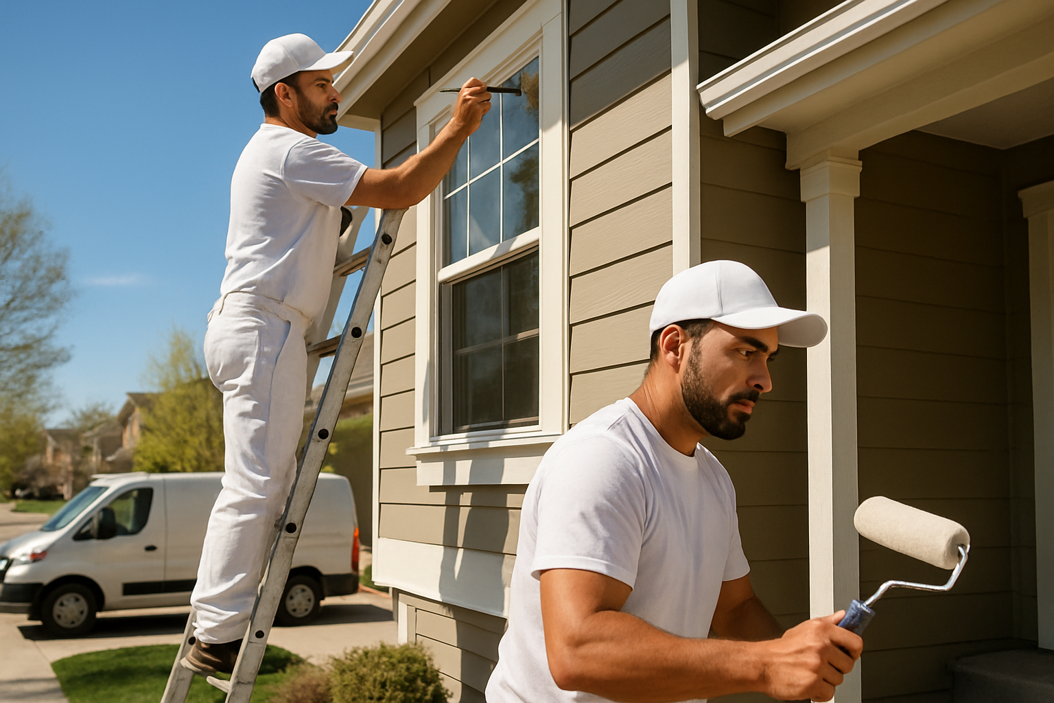 Fercho Painting crew painting a Denver home exterior on a sunny day