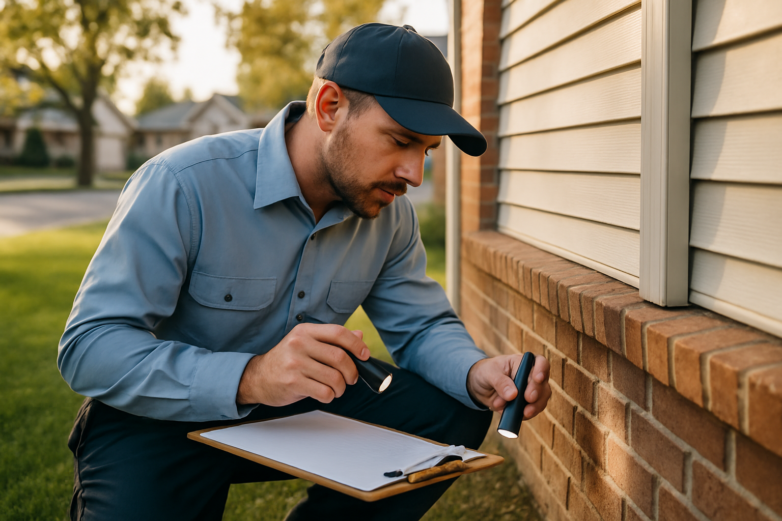 Fort Western Pest Control technician inspecting the perimeter of a Denver home
