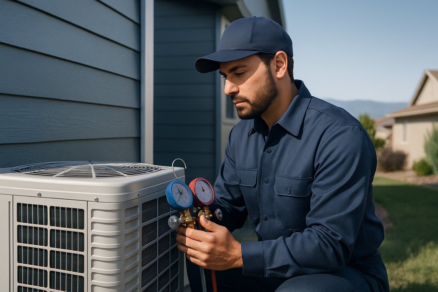 Garcia Brothers technician servicing a high-efficiency heat pump outside an Aurora home