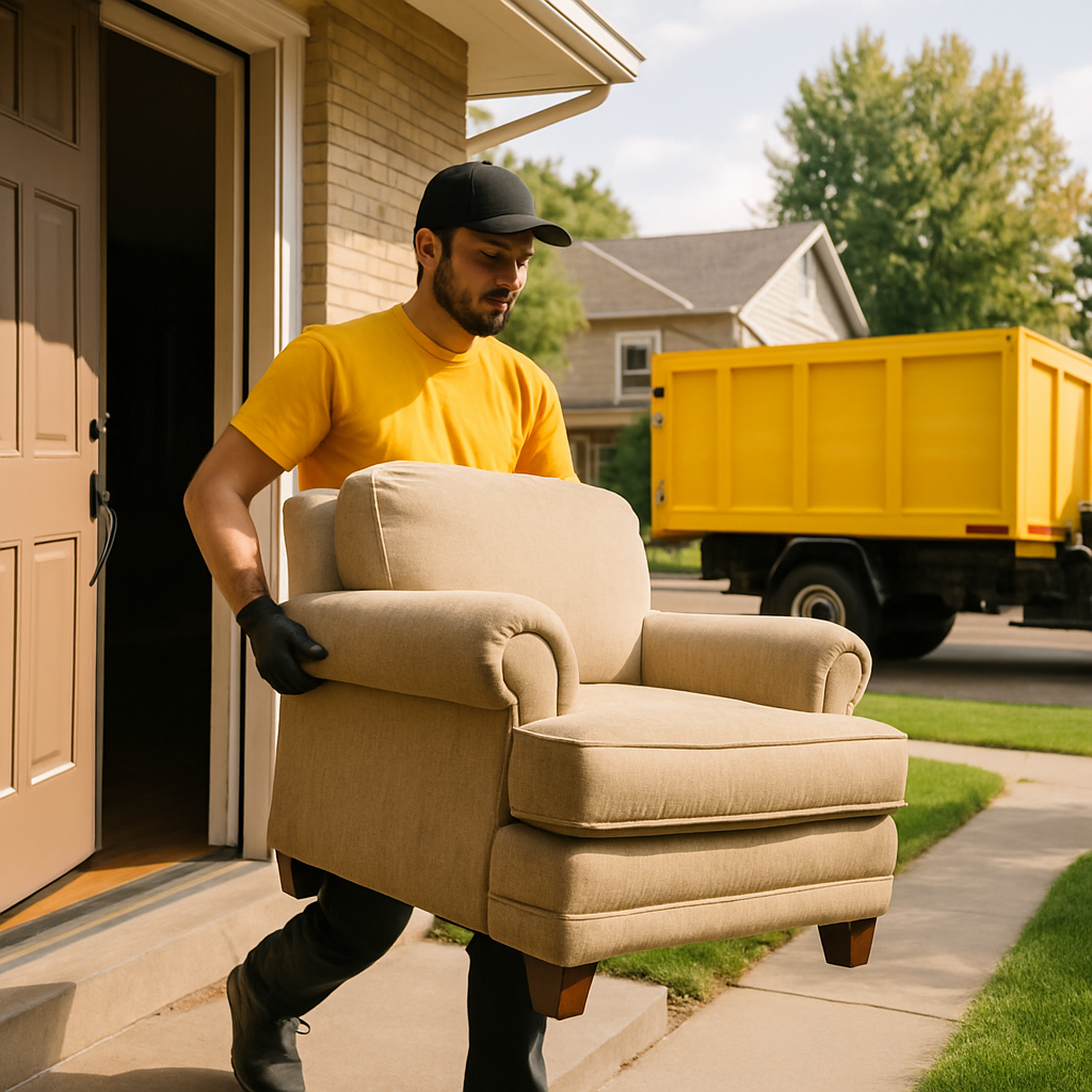 Green Earth Junk Removal worker in a yellow shirt carrying furniture out to the truck
