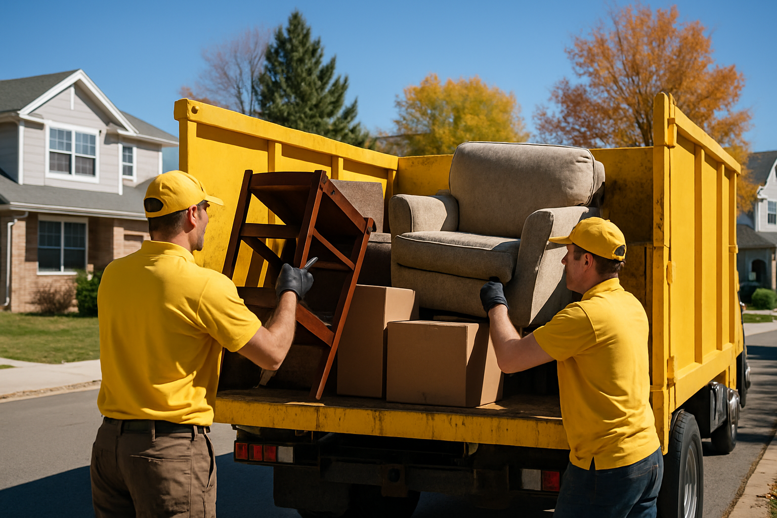Green Earth Junk Removal crew loading a golden-yellow box truck in a Denver neighborhood