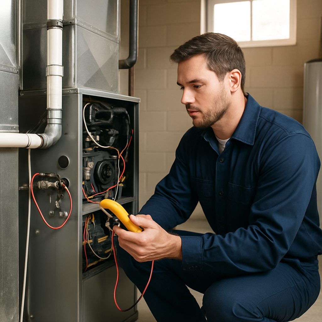 Licensed HVAC technician servicing a furnace in a Denver home