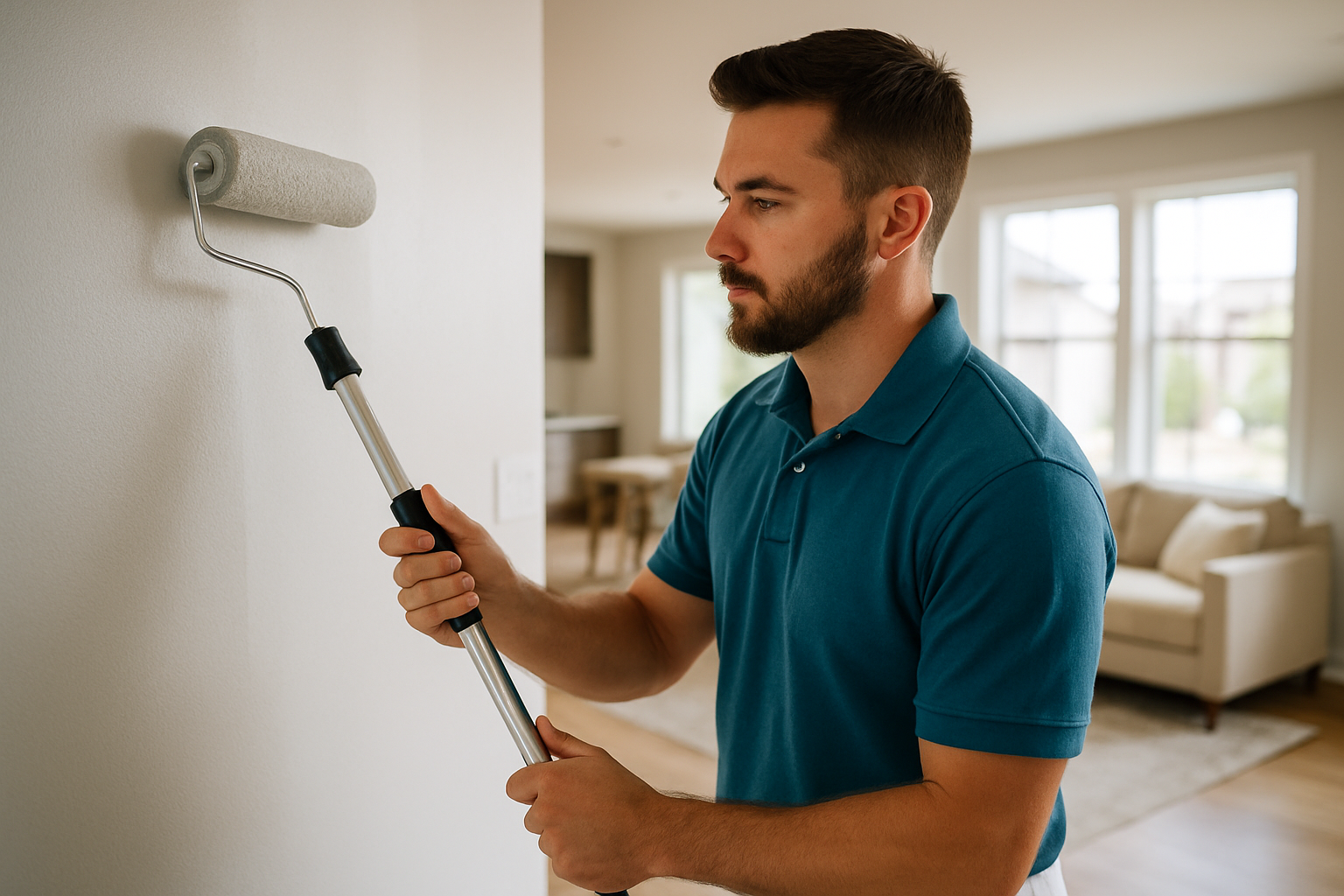 Heredia Painting crew rolling fresh paint onto an interior wall in a bright Denver home