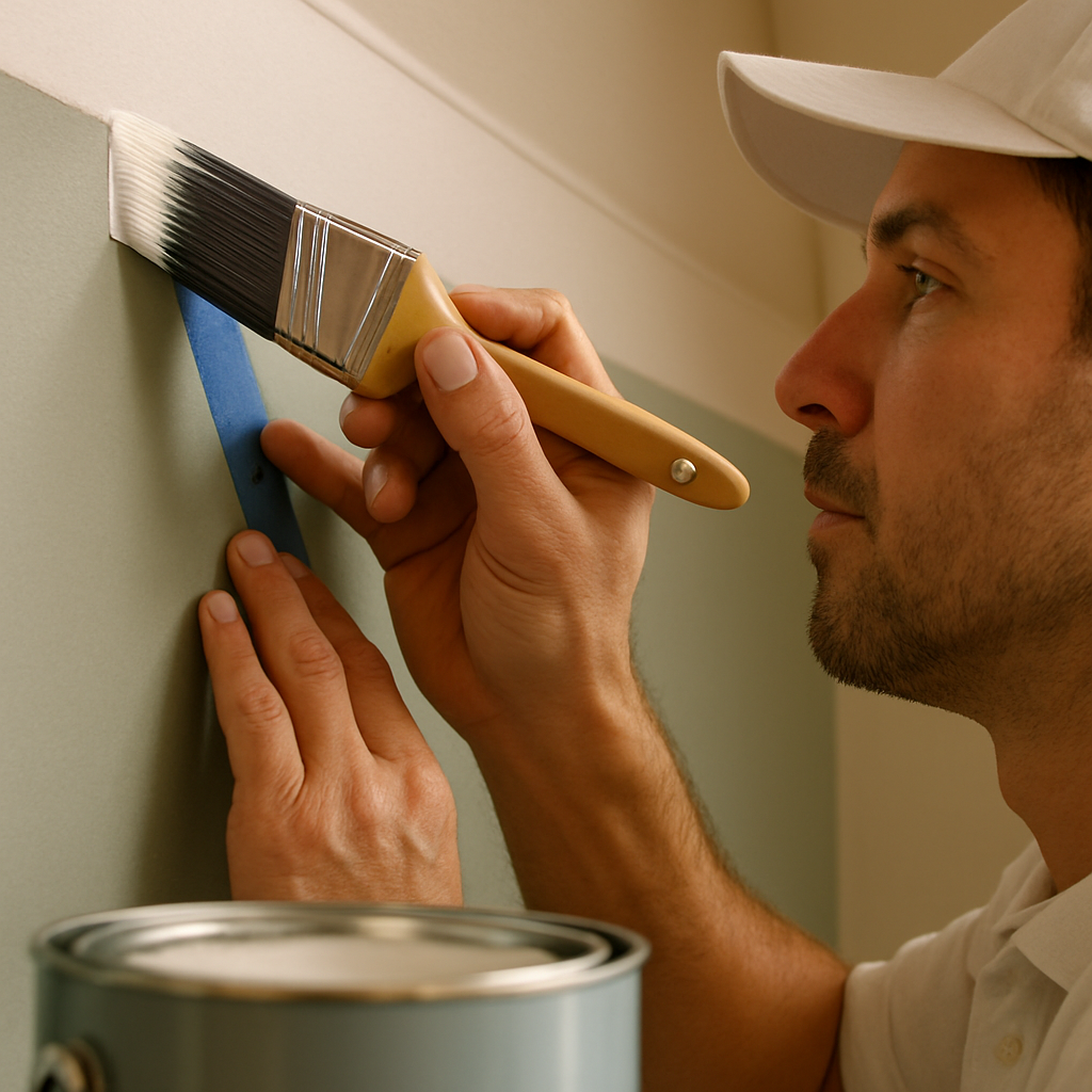 Heredia Painting professional cutting in a clean edge along ceiling trim in a Denver home
