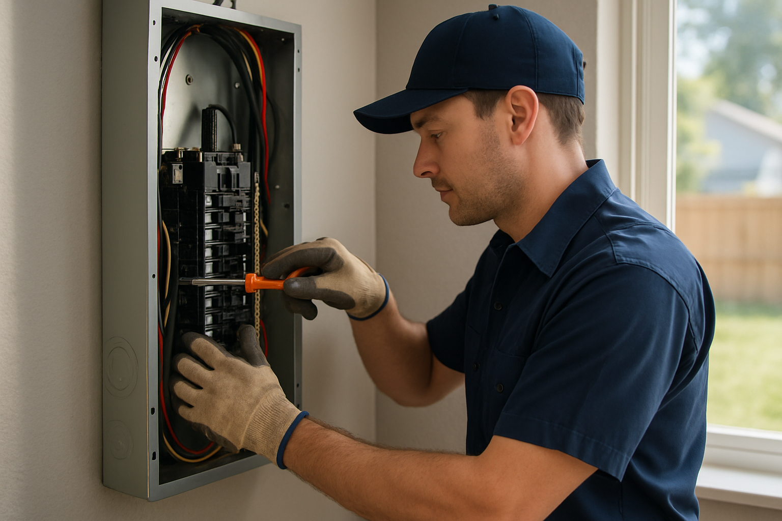 Licensed electrician working on a residential electrical panel in Aurora, Colorado