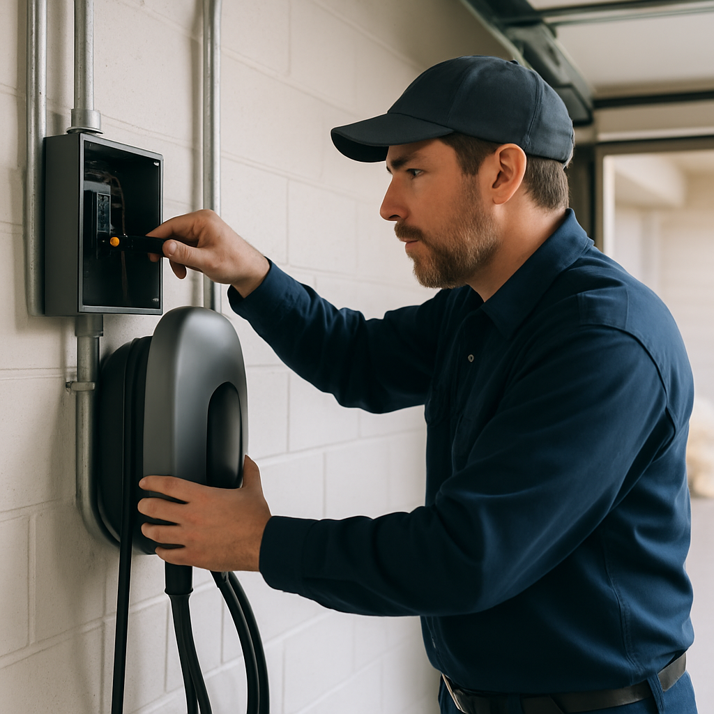 Jim Dwyer Electric technician installing a home EV charger in a Colorado garage