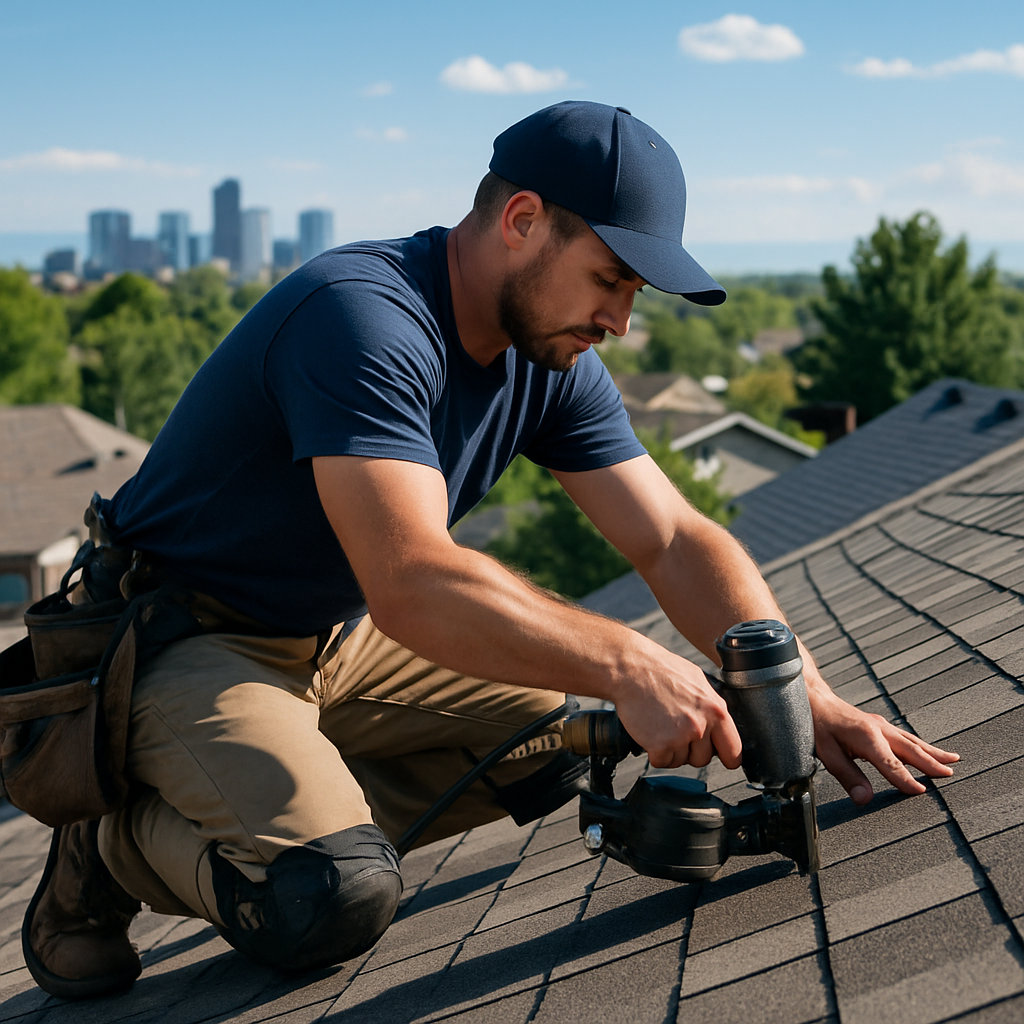 JL Roofing team finishing a residential shingle roof on a sunny Denver day