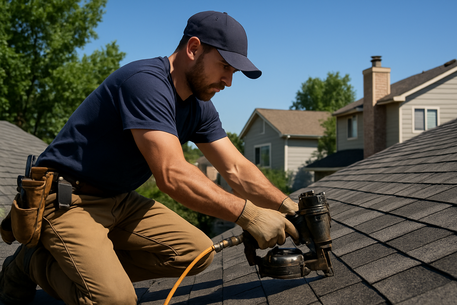 JL Roofing crew installing new asphalt shingles on a Denver-area home in clear daylight