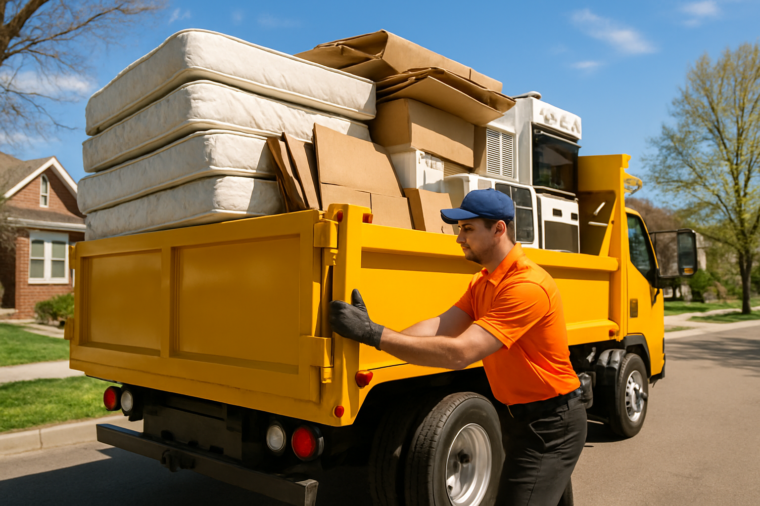 Junk Express Denver crew loading furniture into the yellow dump truck on a Denver driveway
