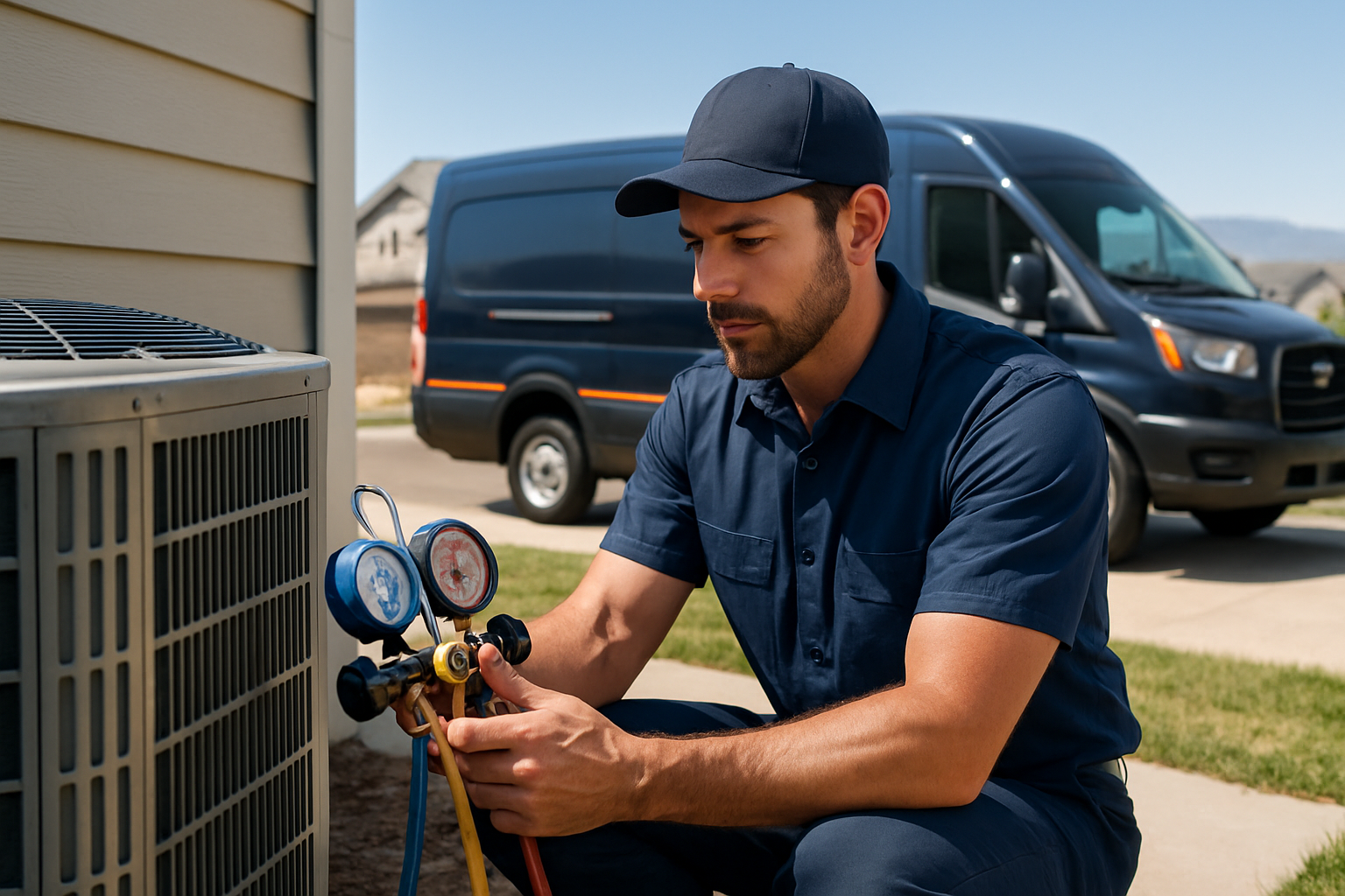 Lucero's Air Care technician servicing a home HVAC unit in Commerce City, Colorado