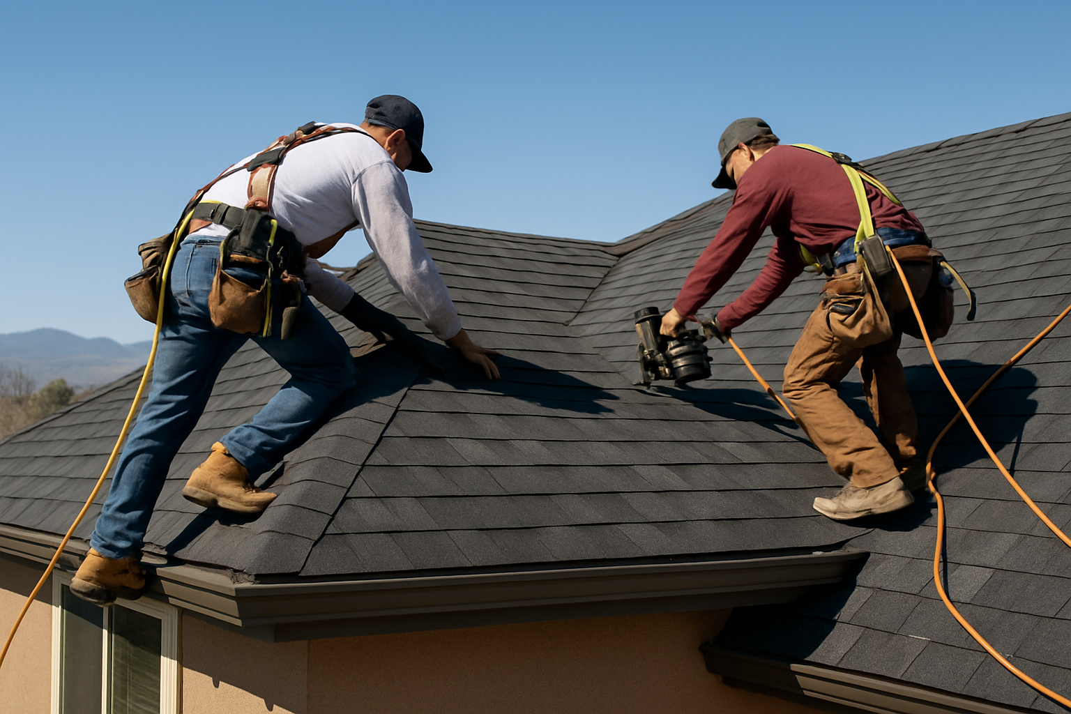 Perez Brothers Roofers crew installing a slate-gray shingle roof on a Denver-area home