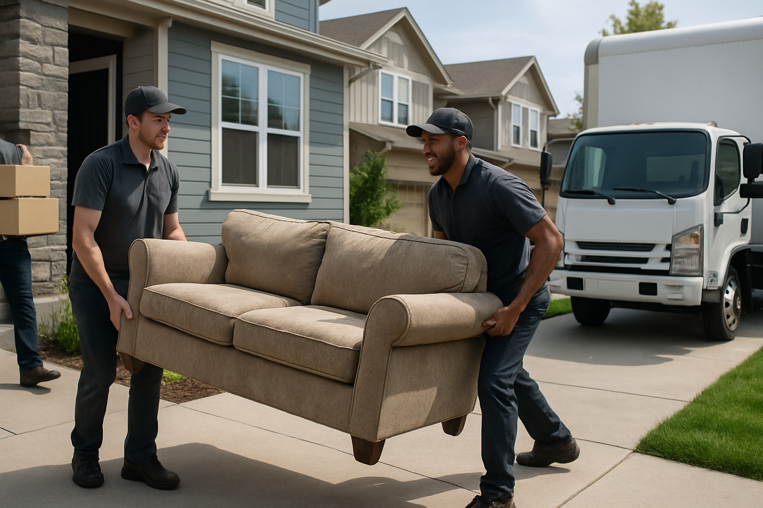 Qhaul Junk Removal crew loading furniture and boxes into the truck at a Denver home