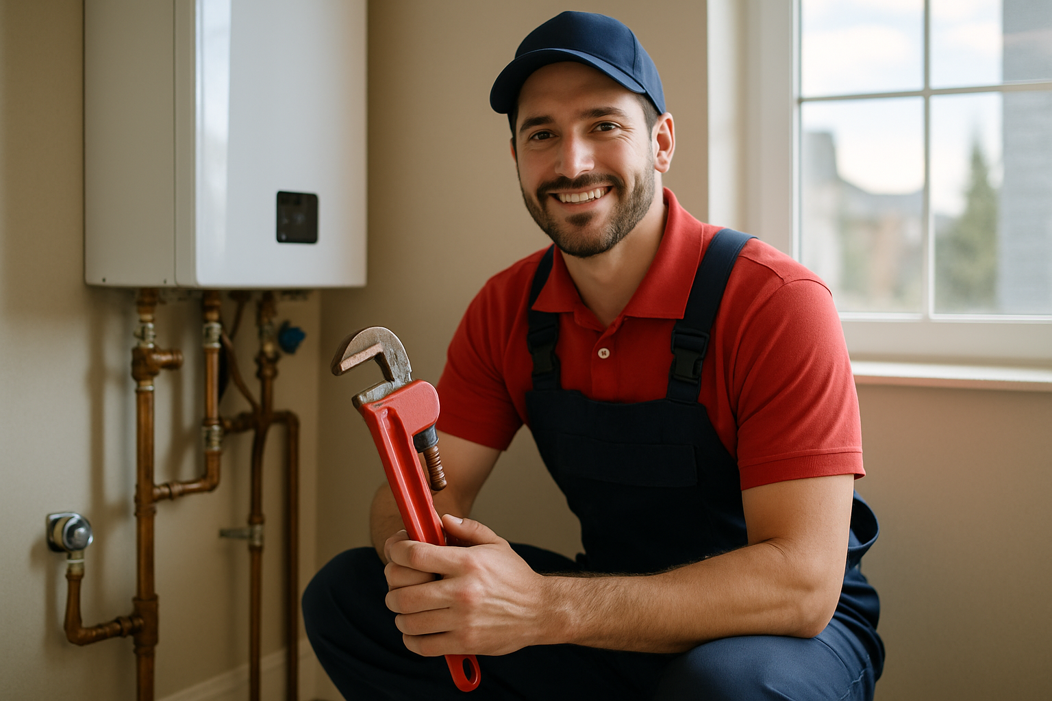 Reliable Commerce City Plumber technician in a red shirt working on a home water heater