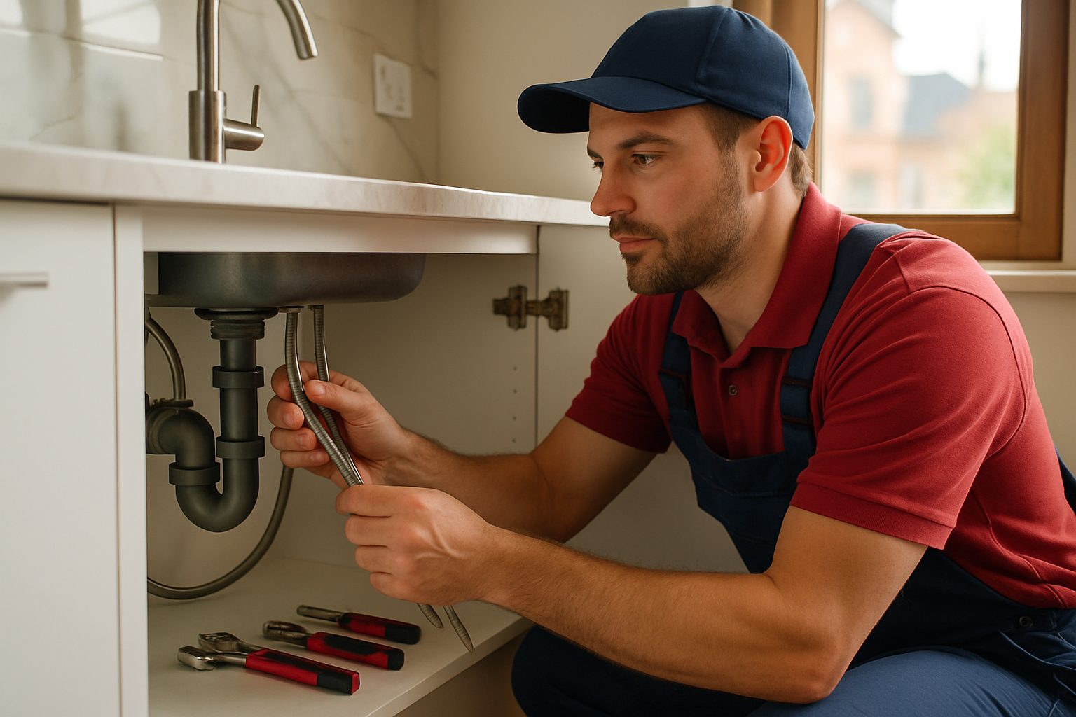 Reliable Commerce City Plumber technician repairing a kitchen sink in a Denver home