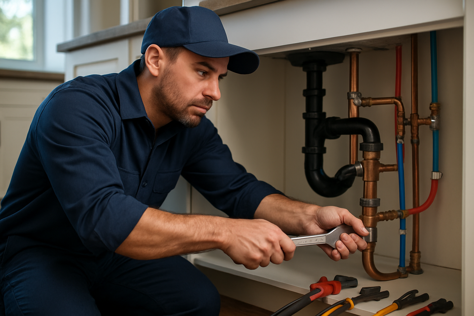 Licensed plumber repairing copper supply lines under a sink in a Commerce City home