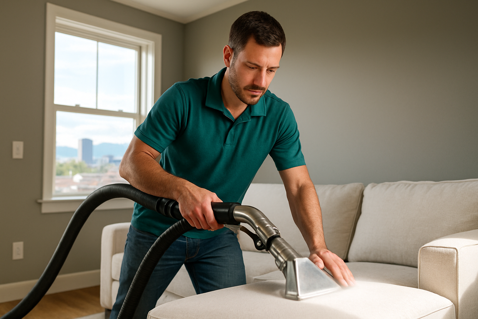 Rocky Clean technician steam cleaning a white upholstered couch in a bright Denver living room