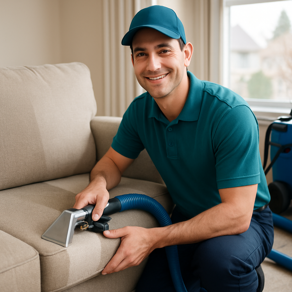 Rocky Clean technician deep cleaning a sofa with professional steam equipment
