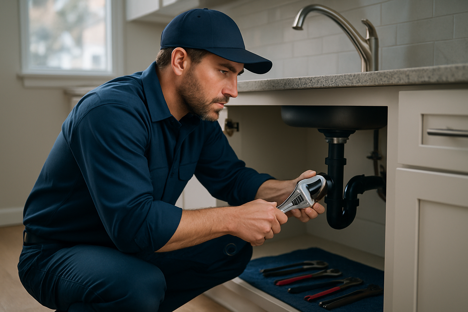Upland Plumbing technician repairing a sink under a Denver home