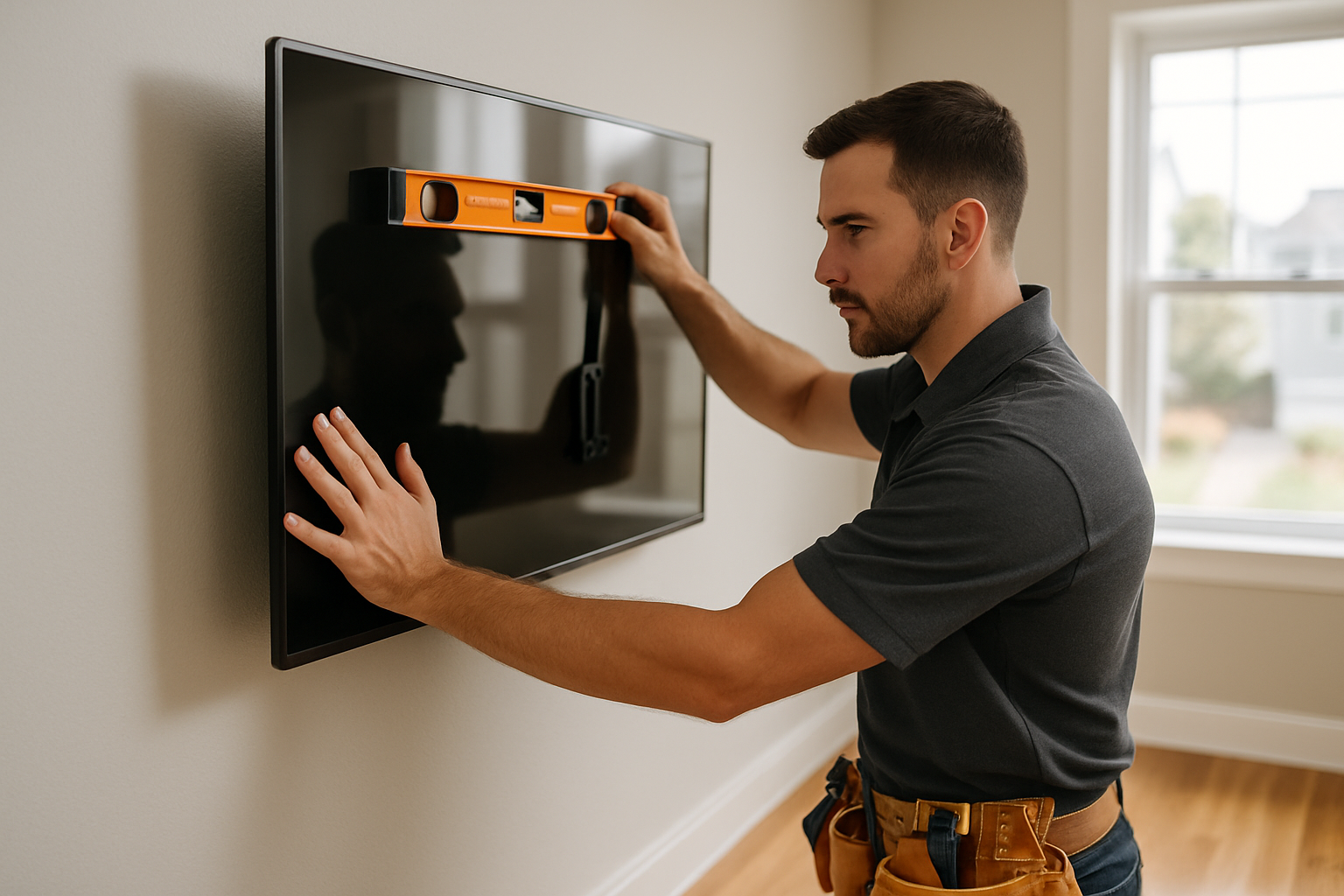 Welcome Home Handyman professional mounting a flat-screen TV in a bright Denver living room