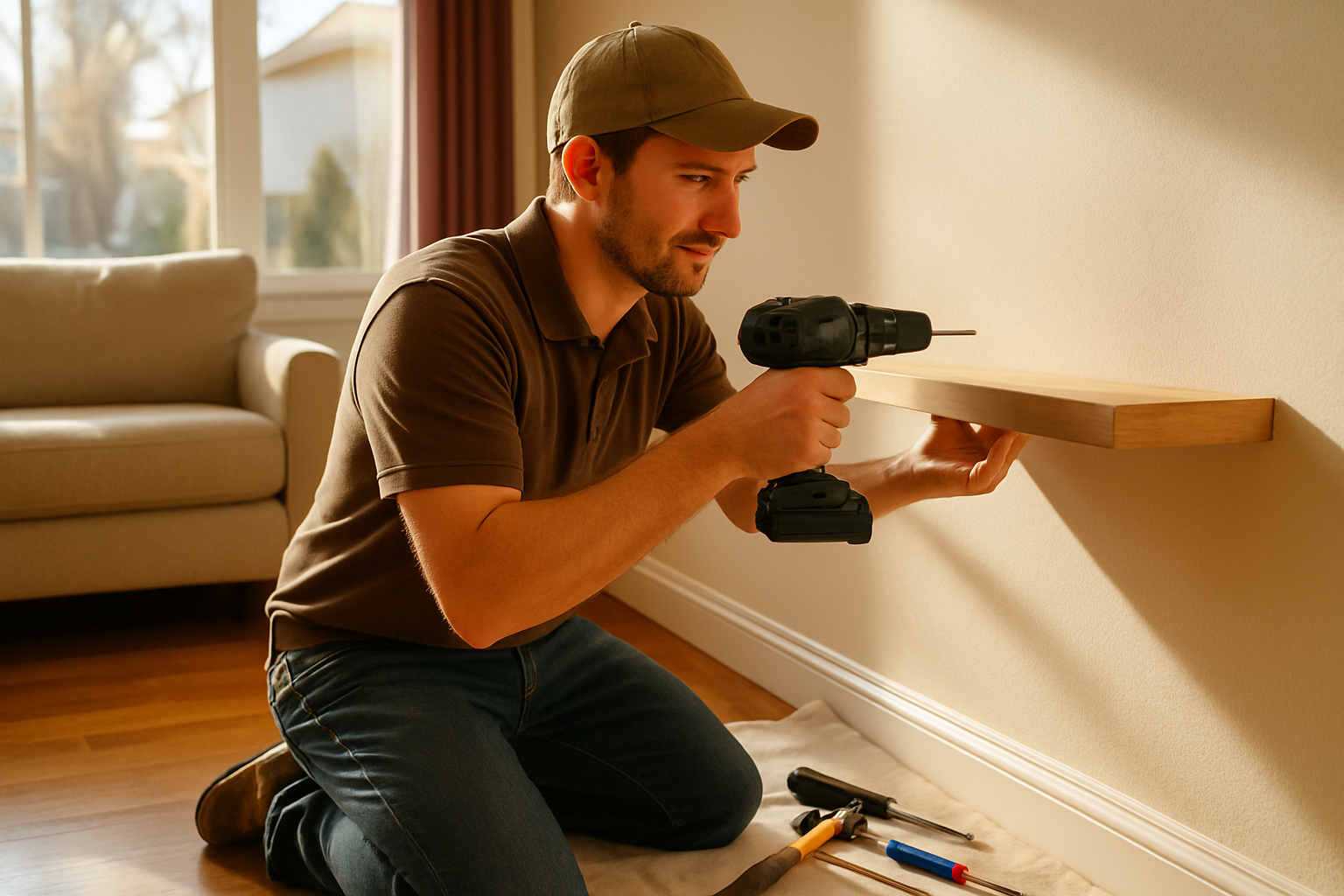 Welcome Home Handyman tradesperson installing a wall-mounted shelf in a Denver home